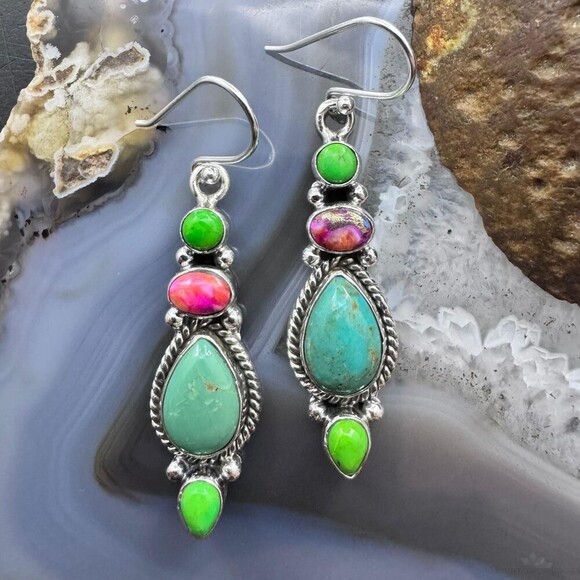 Sterling Silver Southwestern Style Multistone Dangle Earrings For Women #6 - Picture 1 of 10